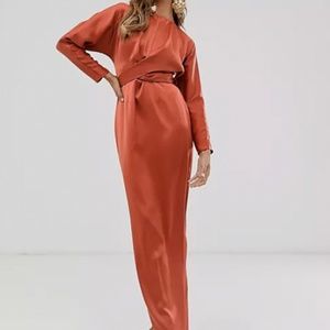 ASOS DESIGN satin maxi dress with batwing sleeve and wrap waist in rust